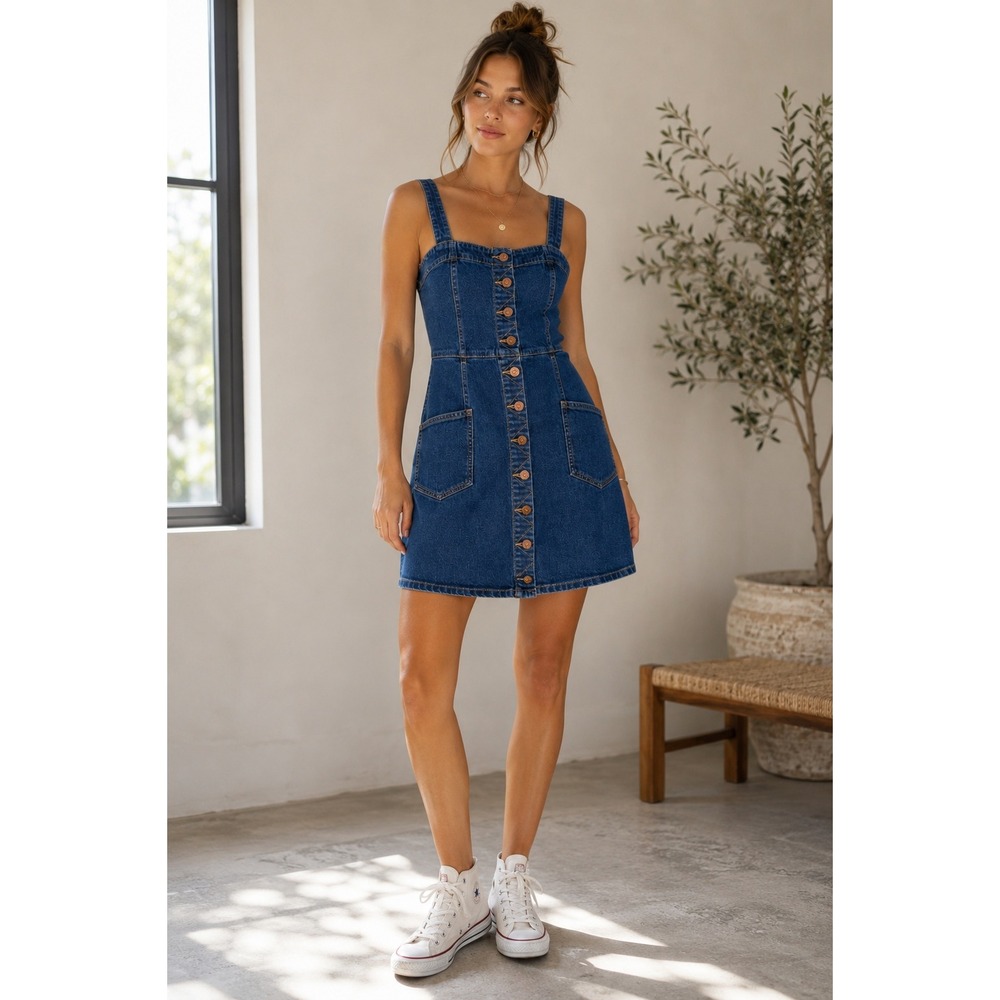 Madewell Denim Button Front Mini Dress Dark Wash‎ Sleeveless E3678 FA15